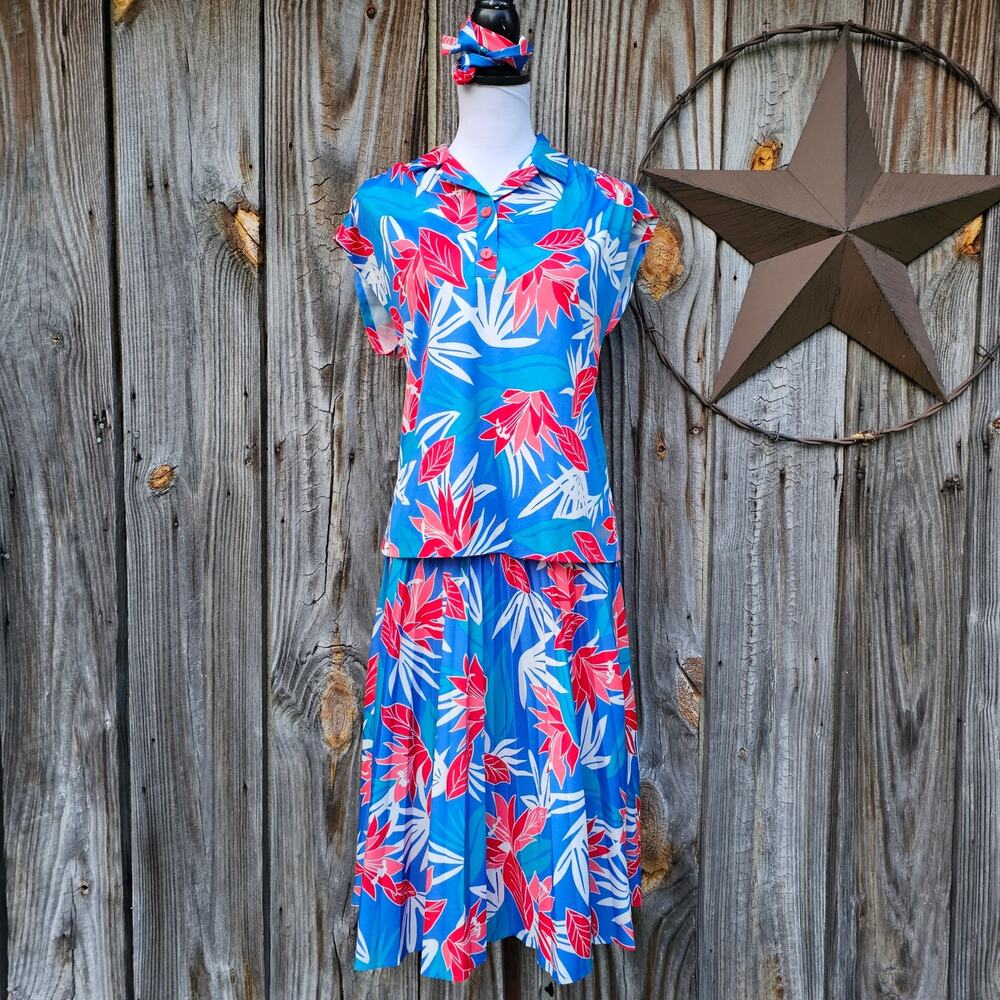Tropical Skirt Set Marty Gutmacher Size M Blue Red Floral Belted Vintage Med Vtg